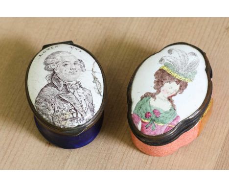 An enamel patch box,mid to late 18th century, of lobed form, the lid painted with the portrait of a lady wearing a feathered 