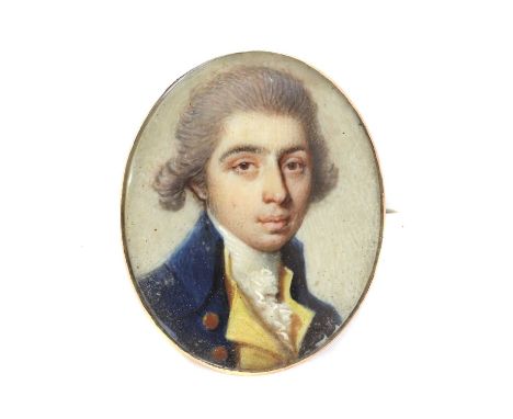 Circle of Richard Cosway RA (1742-1821)Portrait of a gentleman in a blue jacket with yellow lapelsoval4 x 3.3cm, with a lock 