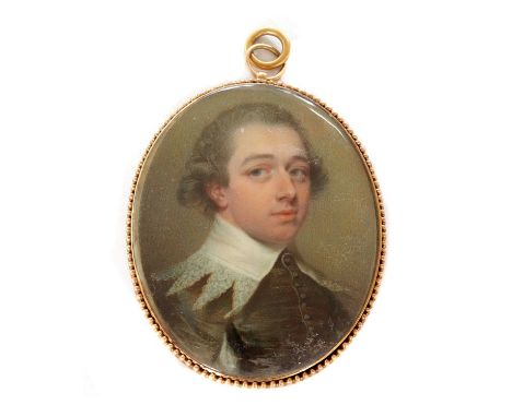 Attributed to Richard Crosse (1742-1810)Portrait of a gentleman in Van Dyck costumeon ivory, oval4.1 x 3.2cm 