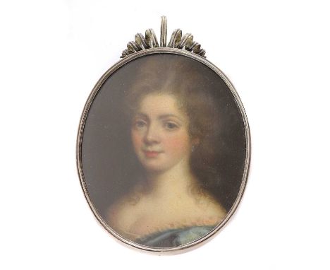 Circle of Peter Crosse (1645-1724)Portrait of a young woman in a blue dresson copper, oval8 x 7cmCondition report: Some loss 