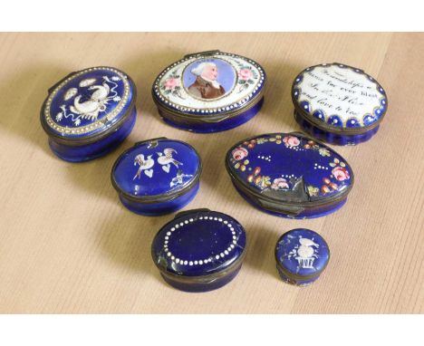 A group of seven George III deep blue enamel boxes,late 18th century, Staffordshire, to include an oval example painted with 