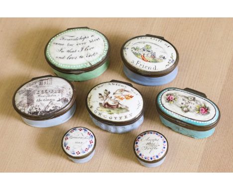 A group of seven George III enamel patch and other boxes,1760s-90s, Staffordshire, all inscribed with messages of friendship,