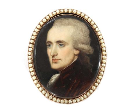 John Barry (1784-1827)Portrait of a gentleman in a red velvet coat and white stockon ivory, oval4.2 x 3.4cm, in a split pearl