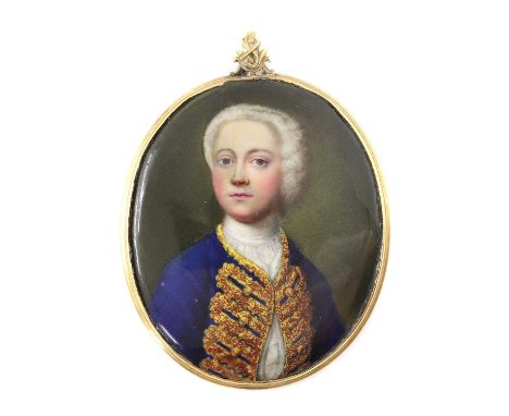 English School, mid-18th centuryPortrait of a young gentleman in a blue jacket with gold braid froggingenamel on copper, oval