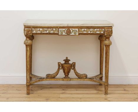 A Gustavian giltwood console table,18th century, with a white-flecked marble top above carved friezes, on turned legs and uni