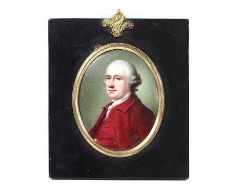 Henry Spicer (1743-1804)Portrait of a gentleman in a crimson coat, waistcoat and white stockenamel on copper, oval8 x 6.5cmCo
