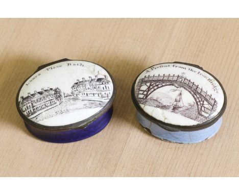Two architectural enamel patch boxes,late 18th century, the first depicting 'A Present From The Iron Bridge', the second 'Lau