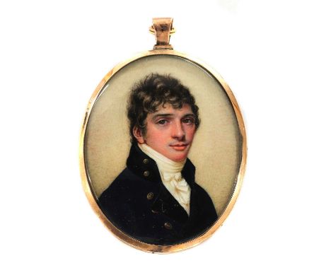 English School, early 19th centuryPortrait of a young man in a blue coat with gold buttons, c.1810on ivory, oval6.6 x 5.2cm, 