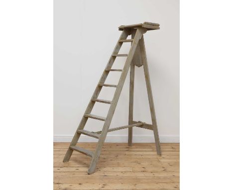 A French library ladder,early 20th century, grey painted, with an applied crest and stencilled initials 'B.N. PARIS' for the 