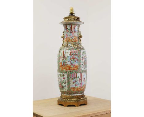 An export porcelain vase table lamp,late 19th century, Chinese, Canton, of baluster shape, painted in enamels with figures, b