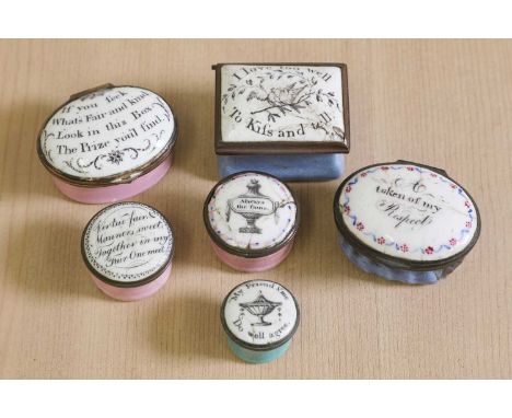 Six enamel patch and other boxes,late 18th/early 19th century, each inscribed with a motto, to include one decorated with lov