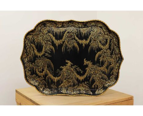 A Victorian black papier mâché tray, stamped 'R Gray &amp; Son', painted with gilt chinoiserie decoration,80 x 60cmCondition 