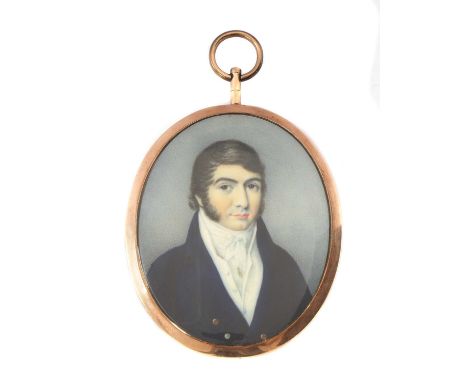 Attributed to William Dixon (early 19th century)Portrait of a gentleman in a dark blue coat, white waistcoat, white stock and