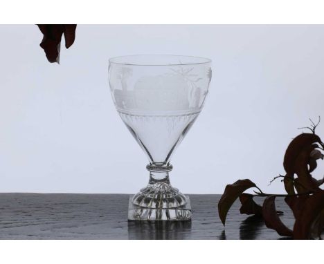 A glass rummer, c.1800, attributed to William Absolon, engraved with a mill, possibly Carrow Mill, raised on a lemon-squeezer