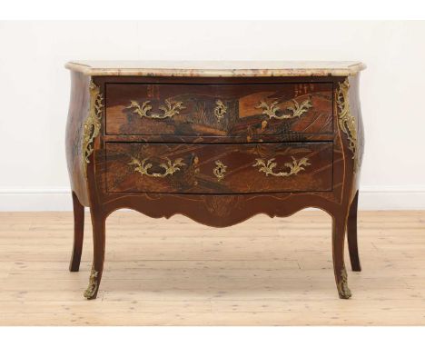 A Napoleon III lacquered commode,in the Louis XV style, French, of serpentine outline, the Brèche d'Alep marble top above thr