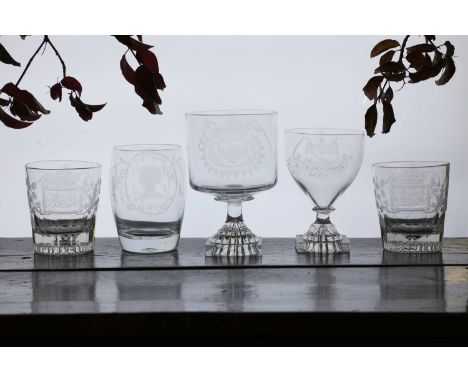 A group of five farming glasses,comprising:a tumbler, early 19th century, engraved ‘May farming flourish’ and ‘A trifle from 