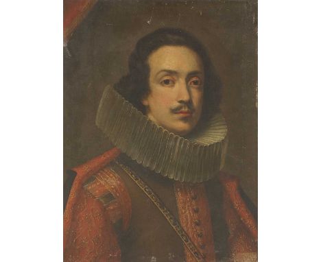 Manner of Frans Pourbus the YoungerPortrait of a nobleman, bust length, in an embroidered red doublet and large white ruffins