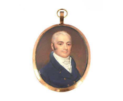 English School, c.1800Portrait of a gentleman in a royal blue coat and white stockoval7.5 x 6cm, with locks of hair and the i