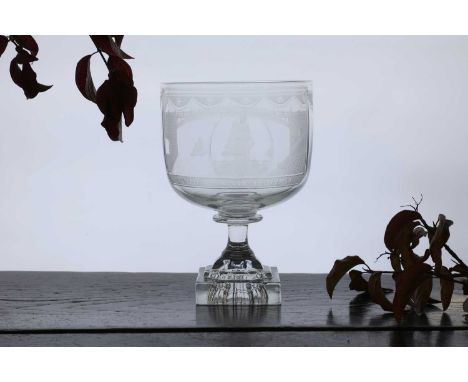 A large Sunderland glass rummer, c.1810, the straight-sided bowl engraved with a titled view of 'Sunderland Bridge' with thre