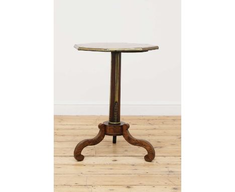 A Gonçalo alves tripod table,19th century, French, the crossbanded and brass-bound octagonal top raised on a faceted column s