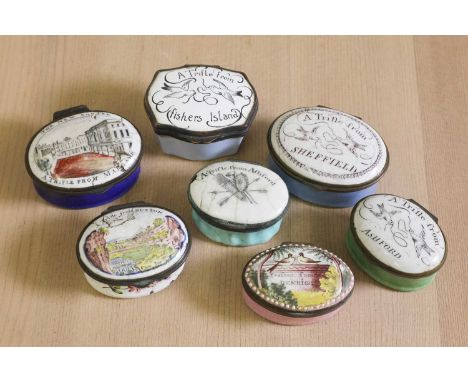 A collection of seven souvenir enamel boxes,late 18th/early 19th century, each inscribed with a motto,the largest 5.25cm wide