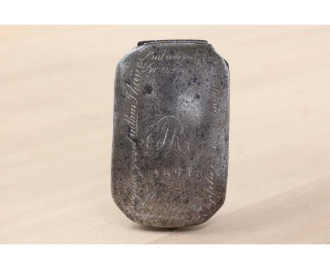 A base metal, probably iron, tobacco box,with a hinged cover and inscription 'Virginia good within I have, Britain not free f