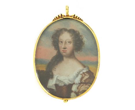 English School, 17th centuryPortrait of a lady in a gold dress and white chemise;Portrait of a gentleman in a russet coat wit