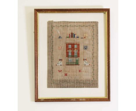 A needlework sampler by Wilfred and Kara Harchant,19th/20th century, worked with a house flanked by a pair of spaniels, comed