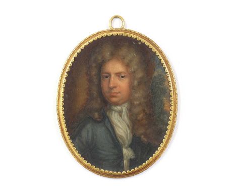 Circle of Peter Crosse (1645-1724)Portrait of a gentleman, bust length, in a blue coat and white stockoil on copper7.5 x 6cm