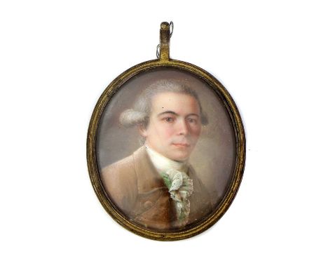 English School, mid-18th centuryPortrait of a gentleman in a brown coat, green waistcoat and white lace stockenamel, oval 4 x