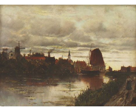 Karl Heffner (German, 1849-1925)A river landscape with a sailing barge by a village at dusksigned 'K Heffner' l.r., oil on pa