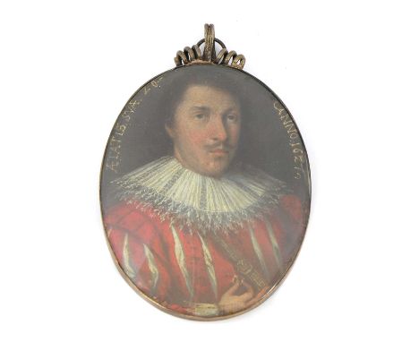 English School, 1627Portrait of a gentleman in a red and cream doublet with lace collar, holding a ringinscribed around the e