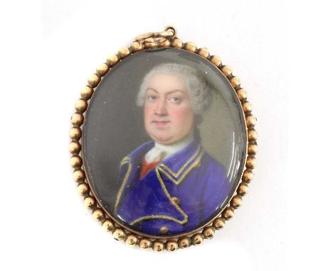 French School, 18th centuryPortrait of a gentleman in a blue coat with gold braidenamel, oval4 x 4cm, with plaited hair back