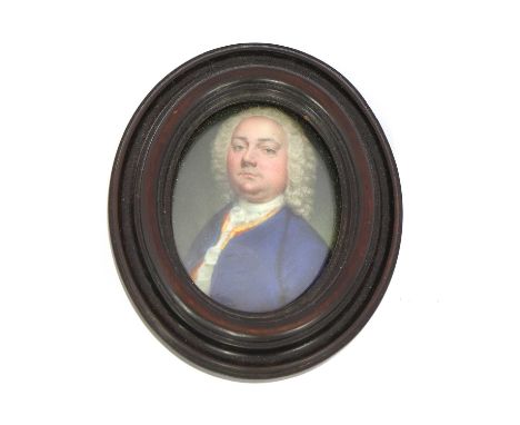 English School, 18th centuryPortrait of a gentleman in a blue coat, red waistcoat and white stockenamel on copper, oval4.5 x 