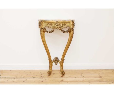 A giltwood and veined marble-topped console table,19th century, French, with a profusely carved apron and festoon swags, rais