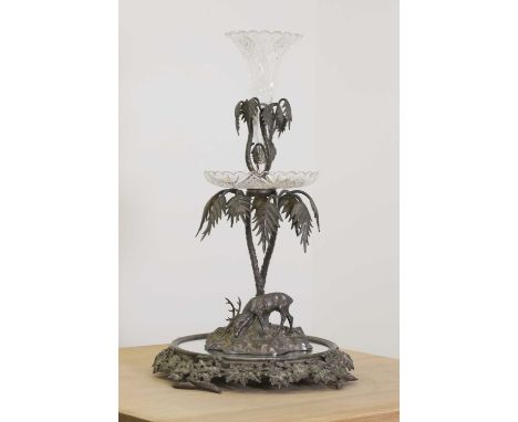 A Victorian silver-plated centrepiece in the manner of Elkington &amp; Co.,with a tapering cut-glass trumpet vase and platfor