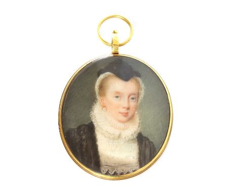 English School, 18th centuryPortrait of a lady in mourning attire, a black cap, white lace ruff and fichu, and pearl necklace