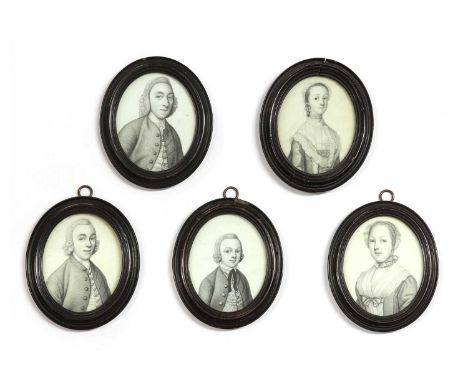 James Ferguson (1710-1776)A family group of five plumbago miniatures including two ladies, two gentlemen and a boyeach oval, 