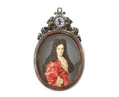 English School, 18th centuryPortrait of a gentleman in a red cloak and red and white lace jabot, c.1720on card, oval6.5 x 5.3