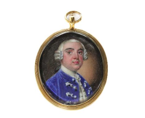 English School, 18th centuryPortrait of a gentleman in a frogged coat with white lace stockenamel, oval4.5 x 3.5cmCondition r