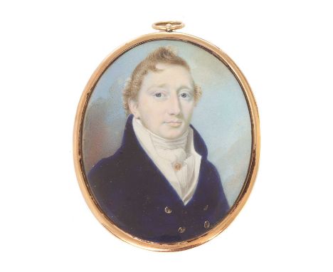 English School, early 19th centuryPortrait of a gentleman in a blue coat with white stock and jewelled stick pinon ivory, ova