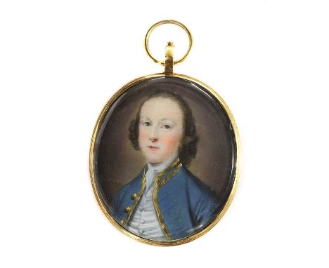 English School, mid-18th centuryPortrait of a gentleman in a blue coat with gold braid and grey waistcoat and stockoval4.2 x 