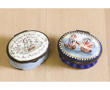 Two Trafalgar-related enamel patch boxes,c.1798, the first decorated with a naval battle scene and inscribed 'Nelson &amp; Vi