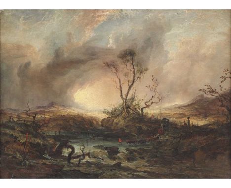 Attributed to Henry Baines (1823-1894)A stormy landscape with figures and an ox-drawn wagon crossing a riverinscribed 'H Bain