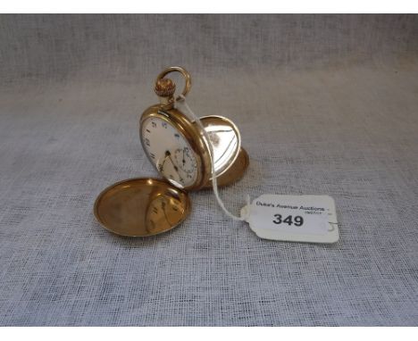 A GENTLEMAN'S GOLD PLATED HUNTING-CASED POCKET WATCH, the white enamel dial with Arabic numerals and subsidiary seconds dial,