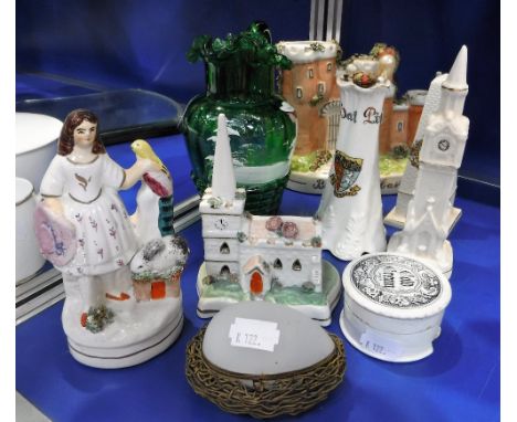A MARY GREGORY GREEN GLASS JUG, crested china, Staffordshire Church and Castle and other ceramics and glass trinket box