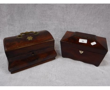 AN 18TH CENTURY FIGURED MAHOGANY BOX of 'bombe' form and a 19th century tea caddy (2) 