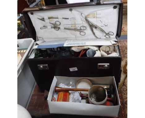A VINTAGE SURGEON/DOCTORS BOX with medical tools, bottles and equipment