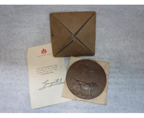 A FIRST WORLD WAR DEATH PENNY OR PLAQUE in original card slip 'Joseph Orgill'