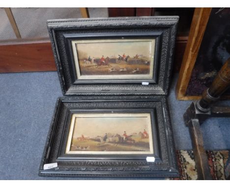 A LATE 19TH CENTURY OIL ON BOARD HUNTING SCENE and its companion